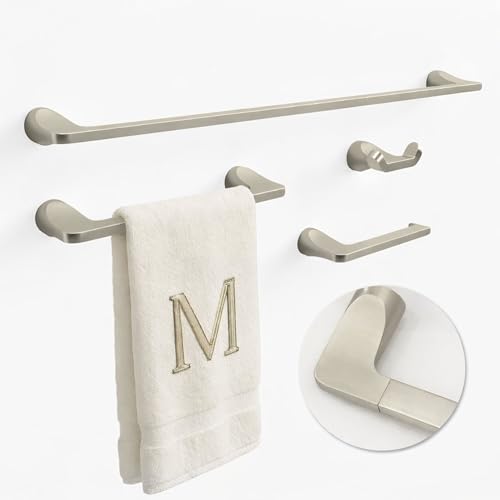 Mega Handles Bathroom Towel Holder Set - 4 Pieces Bathroom Accessories Sets - Heavy Duty Bathroom Accessory Set, 25'' Towel Bar, Robe Hooks & Toilet Paper Holder Wall Mounted - Satin Nickel Bath Suite - color: Satin Nickel
