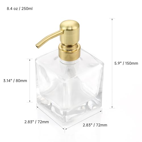 Square Bathroom Soap Dispenser Brushed Gold, Glass Bottles with Stainless Steel Pump 8.4 OZ Cube Liquid Soap Dispenser Hand Kitchen - color: Gold, size: 8.4oz-Square