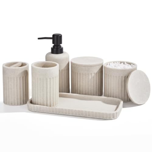 INIUNIK Bathroom Accessory Set, 6 Pieces, Beige | Resin, Bathroom Accessories Set, with Soap Dispenser Set, Toothbrush Holders, Tumbler, Vanity Tray & 2 Qtip Holder - color: Beige -2
