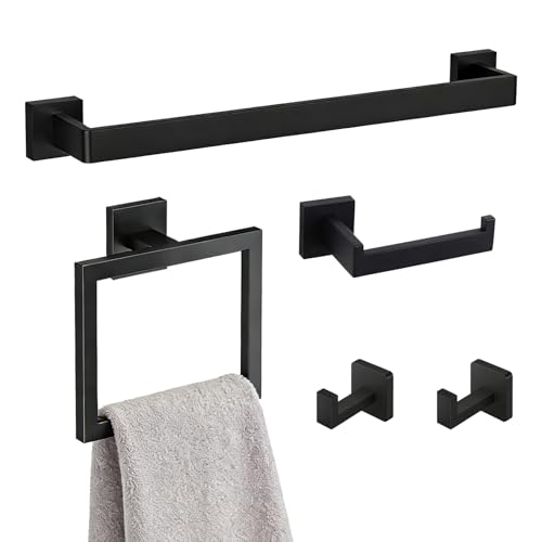 5-Pieces Wall Mount Bathroom Accessories Bathroom Hardware Set,23.6 Inch Stainless Steel Waterproof Towel Bars,Toilet Paper Holder with Shelf,Towel Ring,Coat Hook,Matte Black 5PC - Rectangle - color: Matte Black 5pc - Rectangle