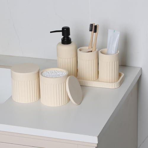 INIUNIK Bathroom Accessory Set - 6 Pieces Bathroom Accessories Set Complete with Soap Dispenser, Toothbrush Holders, Tumbler, Vanity Tray and 2 Qtip Holder for Home Organizer and Decor, Beige - color: Beige
