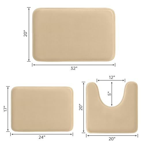 HUXMEYSON Bathroom Rugs Sets 3 Piece, Ultra Soft Velvet Memory Foam Bath Rugs, Non-Slip & PVC Backing Bathroom Mat Set, Washable Quick Dry Bath Rug - Khaki - color: Khaki, size: 17"x24"+20"x32"+U Shape 20"x24"