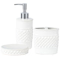 3-Piece White Ceramic Bathroom Accessories Set - Luxurious Soap Dispenser, Toothbrush Holder & Soap Dish with Modern Geo Embossed Design for Bathroom Accessory Set - color: White 024