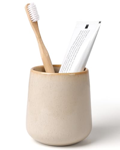 BosilunLife Bathroom Toothbrush Holder - Ceramic Toothbrush Cup Holder 13Oz Greige Toothbrush Holder for Bathroom Toothbrush and Toothpaste Holder for Bathroom Vanity Countertop, Ideal for Home, Hotel - color: Greige-rb, size: rounded base