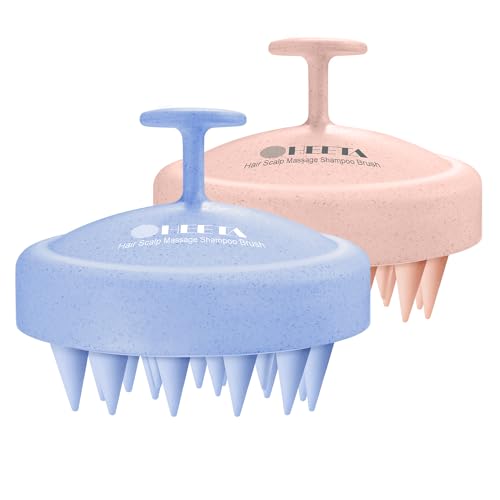 HEETA Scalp Massager Hair Growth 2-Pack, Silicone Scalp Scrubber Shampoo Brush for Exfoliation Dandruff Removal Head Massage Stress Relax, Wet & Dry Use for Women Men Hair Care, Wheat Straw Material - color: Blue & Flesh Pink