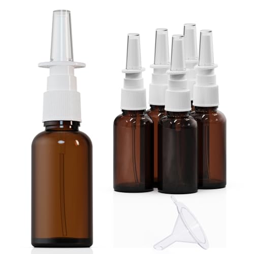 6 Pack 30ml (1oz) Amber Glass Nasal Spray Bottle, Empty Refillable Glass Nasal Sprayers Mist Bottles with Funnels, Dispensing Container with White Pump Sprayer (30ml(6pcs)) - color: 30ml(6pcs)