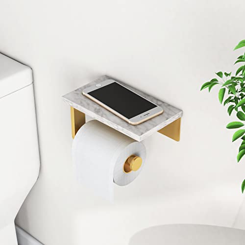 Brushed Gold Toilet Paper Holder with Natural Marble Shelf, 304 Stainless Steel Screw Wall Mounted, Tissue Roll Paper Holder Dispenser for Bathroom Washroom - color: Gold