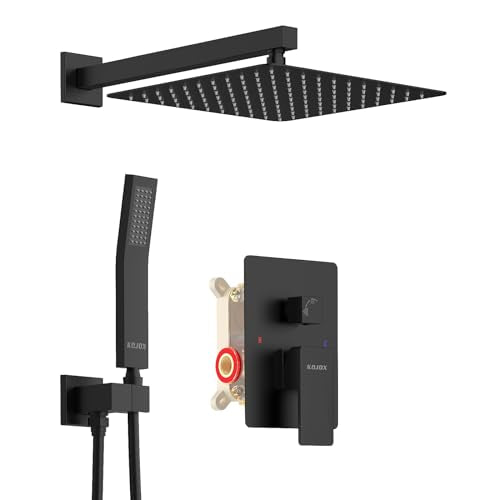KOJOX 12 Inch Black Shower System with Rain Shower Head, Handheld Shower, Bathroom Luxury Mixer Combo Set, Wall Mounted Faucet Rough-in Valve and Trim Kit - color: Matte Black, size: 12''