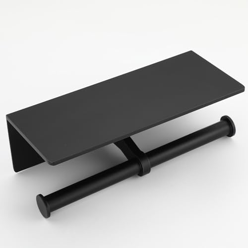 Toilet Paper Holder - Double Rolls Toilet Tissue Holder with Phone Shelf for Bathroom - TP Roll Holder with Wipes Storage, Wall Mounted by Adhesive Pad No Drilling or Screw - Matte Black - color: Black-2 Rolls