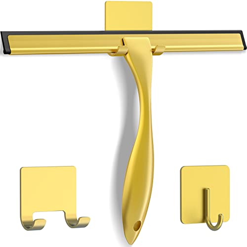 All-Purpose Stainless Steel Shower Squeegee for Shower Doors with 2 Adhesive Hooks, Bathroom Cleaner Tool Household Window Mirror Squeegee for Home Cleaning, Glass Door, Tile Wall, Car, 10 Inch Golden - color: Golden, size: 10 Inch