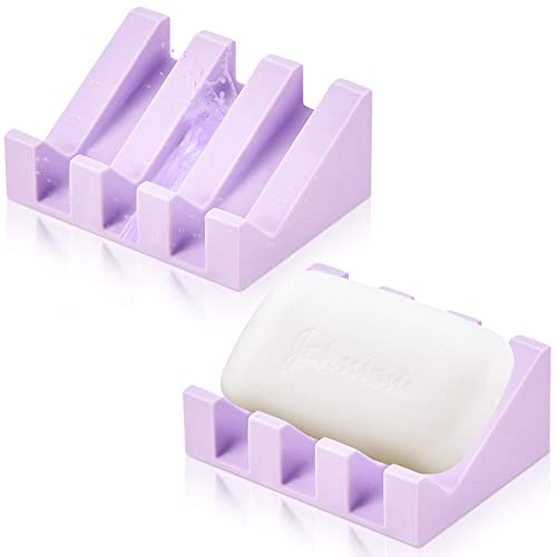 Cunhill 2 Pieces Silicone Soap Dish Self Draining Soap Dish Shower Waterfall Bar Soap Holder Tray with Drain Soap Saver for Kitchen Bathroom Accessories (Light Purple) - color: Light Purple