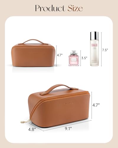 VLANDO Makeup Bag,Travel Toiletry Bag,Cosmetic Bag for Women PU Leather Portable Make up Bag for Skincare, Brushes & Travel Essentials-Brown - color: 02.Brown