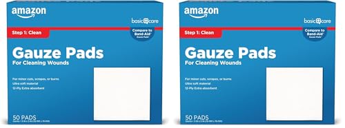 Amazon Basic Care Gauze Pads, 3x3 inches Sterile Medical Wound Dressing Sponges, 12-Ply, Ultra Soft, Extra Absorbent, 50 Count, (Previously All Health) (Pack of 2) - size: 3x3 Inch (Pack of 2)