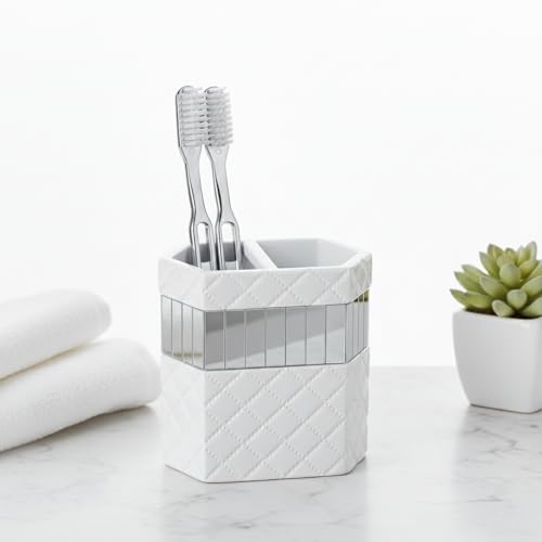 Creative Scents Quilted Mirror White 4 Piece Resin Bathroom Accessories Set | Includes Soap Dispenser, Toothbrush Holder, Tumbler Cup & Soap Dish - style: 4 Piece Set