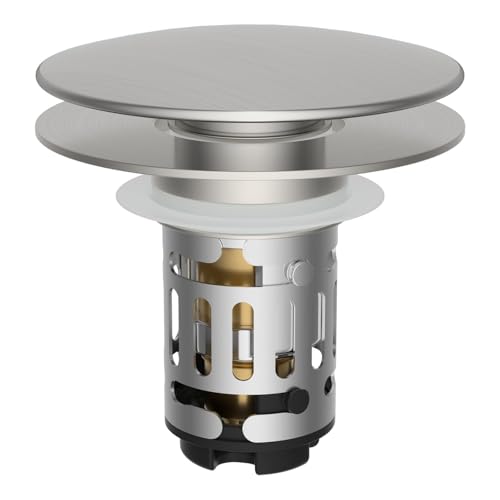 Hibbent Upgraded 3 in 1 Bathroom Sink Drain Strainer, Pop Up Sink Stopper with Big Push Cap, Anti-Clogging Metal Filter Basket,Sink Plug with Hair Catcher for 1.1''~2.36'' Basin, Brushed Nickel - color: Brushed Nickel