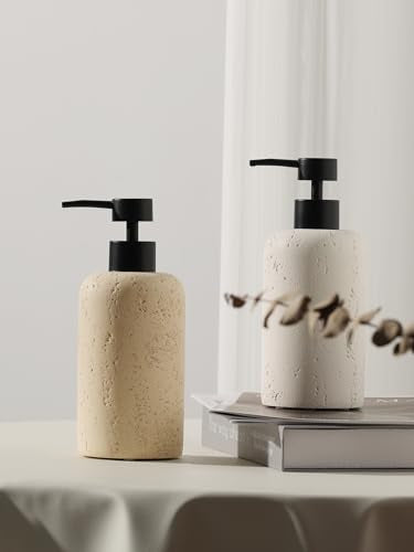 Soap Dispensers 11OZ, 2PCS, Travertine Stone Look, Faint Yellow | Luxurious, Modern, Resin, For Hand Soap, Dish Soap, Shampoo and Conditioner, Lotion, for Bathroom Countertop Kitchen Sink - color: Faint Yellow