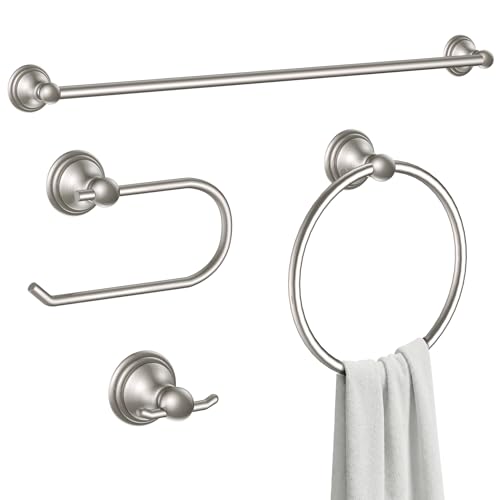 Formosa Design Hardware Classic 4-Piece Bathroom Accessories Set, 24-inch Towel Bar, Toilet Paper Holder, Towel Ring, and Robe Hook, Durable Zinc Alloy & Stainless Steel, (Brushed Nickel Finish) - color: Brushed Nickel