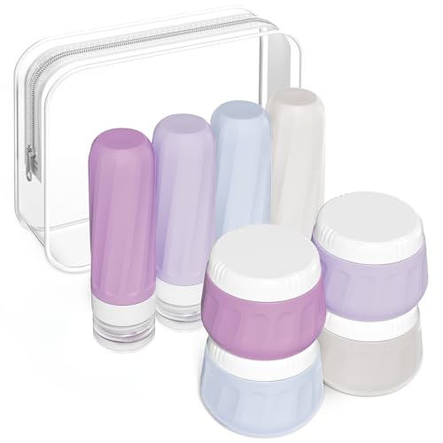 Mrsdry Travel Size Toiletries 8 Pack, TSA Approved 3oz Silicone Squeeze Bottles & Cream Jars with Clear Travel Bag - color: Lavender, size: 3oz bottle 3oz jar