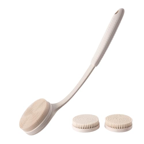 Long Handle Shower Back Scrubber,15.75 Inch Ergonomic Curved Brush with 3 Replaceable Heads with Soft and Firm Bristles,Silicone Handle for Easy Back Cleaning and Exfoliation,Bath Body Brush(Beige) - color: Wheat Straw Beige