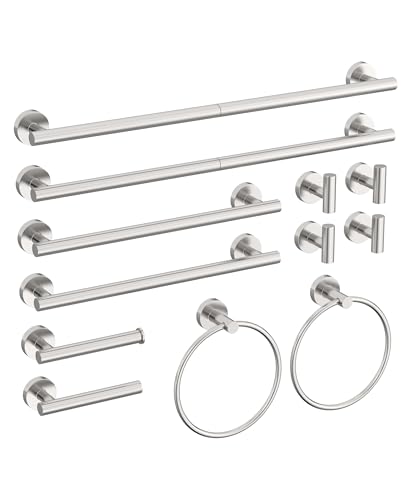 12 Pcs Brushed Nickel Bathroom Accessories Set, HOMEMYSTIQUE SUS304 Stainless Steel Bathroom Hardware Set, Bath Towel Bar Set, Toilet Paper Holders, Towel Rings Racks, Robe Towel Hooks - color: Brushed Nickel, size: 12 Pieces