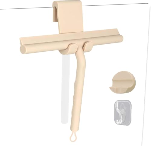 Squeegee for Shower Glass Doors, Resilient Loop - No-Drill & Adhesive Hook, Silicone Shower Squeegee with Stainless Steel Core, Cleaning Tool for Home, Kitchen, Bathroom & Car - Beige - color: Beige, size: with loop