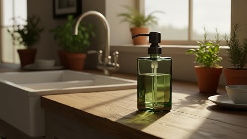 13.5 Oz Green Glass Soap Dispenser with Rust Proof Stainless Steel Pump, Antique Design Refillable Square Lotion Dispenser for Bathroom, Premium Kitchen Hand Soap (Oil Rubbed Bronze) - color: Gree +Oil Rubbed Bronze