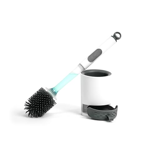 GREATLINK Silicone Toilet Brush with Holder, Non-Scratch Bendable Toilet Brush Scrubber for Curved Rim, Drip-Proof & Space Saving, Includes Adhesive Mount