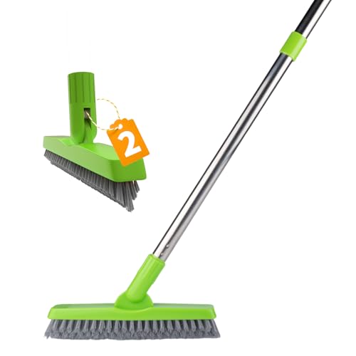 2 Pack Grout Brush with Long Handle, Swivel Cleaning Grout Line Scrubber - Durable Handle Grout Cleaner Brush for Bathroom,Tile,Baseboard,Walk in Shower,Corner & Narrow Space (Green) - color: Green
