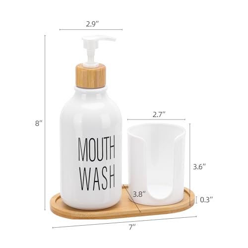 Mouthwash Dispenser with Cup Holder, Plastic White Mouth Wash Pump Bottle with Tray for Bathroom Organizers, 17oz Refillable Clear Mouthwash Container - color: Group a - White