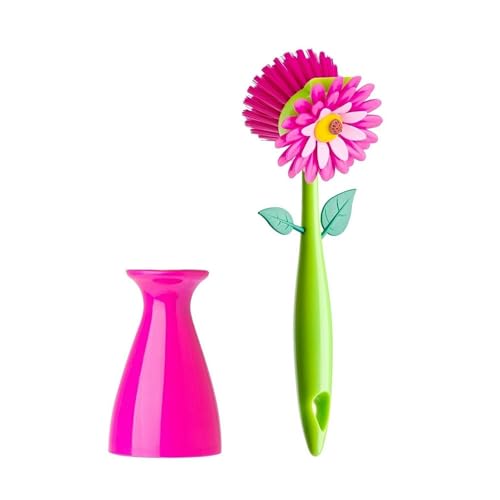 Vigar Flower Power Dish Brush with Handle and Vase Holder - Dish Scrub Brush for Dishes, Kitchen Scrub Brush, Dish Brush with Handle, Sink Cleaning Brush, Pot Scrubber, Dishwashing Brush - Pink - color: Pink