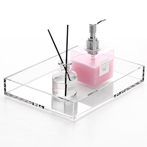 DINGHUO Acrylic Perfume Bathroom Vanity Counter Tray, Clear 9.45"x7.09"x1.38" Rectangle Countertop Organizer for Jewelry Candles Soap Makeup Toilet Tank Kitchen - 1 Pack