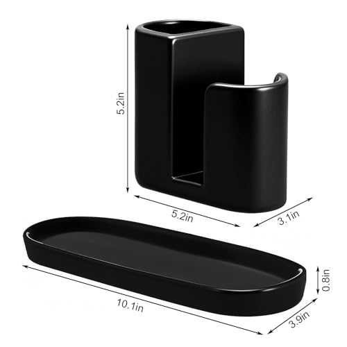 Geelin 3 in 1 Ceramic Kitchen Sink Caddy Dish Sponge Holder Scrub Brush Holder and Soap Tray for Kitchen Organizer Rustic Farmhouse Supplies(Black) - color: Black