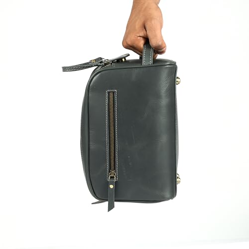 KomalC Leather Toiletry Bag for Men & Women – Handcrafted Travel Grooming Kit with Water-Resistant Lining and Secure Zipper Closure - style: 1 Zip Classic Grey