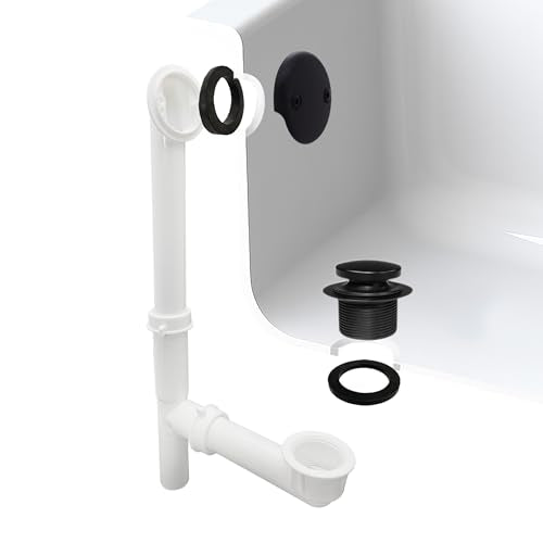 Westbrass A593244-62 14" x 1-1/2" White Tubular Bathtub Waste & Overflow Assembly with Tip-Toe Drain Plug and 2-Hole Faceplate, Matte Black - color: Matte Black, size: 1 Pack