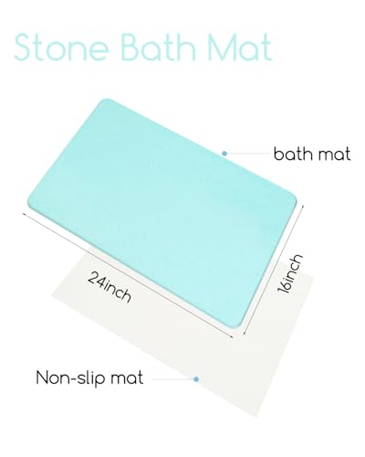 Stone Bath Mat 24"x16" - Diatomaceous Earth Shower Mat, Quick Dry, Anti-Slip, Modern Design with Bonus Non-Slip Pad - Perfect for Home Safety and Style, (Green) - color: Green