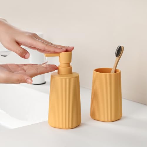 YAUKPH Bathroom Accessories Set 2 Piece Soap Dispenser and Toothbrush Holder for Bathroom Countertop Striped Yellow - color: Striped Yellow