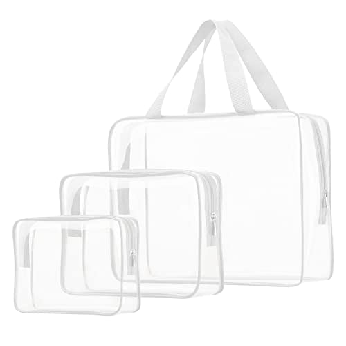 3pcs Clear Cosmetic Bags, TSA Approved Toiletry Bag Set Crystal Clear Travel Beach Essentials Bag Organization PVC, Clear Makeup Bags Luggage Pouch Carry on Airport Airline Compliant Bag Women Men - color: 3pcs White-1 large, 1 medium, 1 small