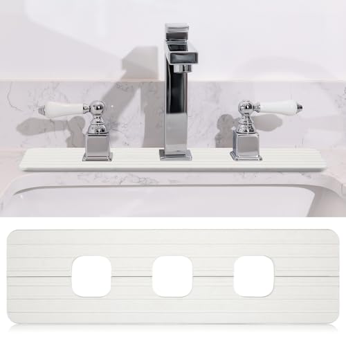 Teenyyou 3 Square Hole White Faucet Mat for Kitchen Sink Bathroom 16.14" x 4.49" Kitchen Faucet Absorbent Mat Diatomite Splash Guard Quick Drying Stone Drip Catcher Hole 1.97" Holes Spaced About 1.97" - color: White, style: 3 Square Hole