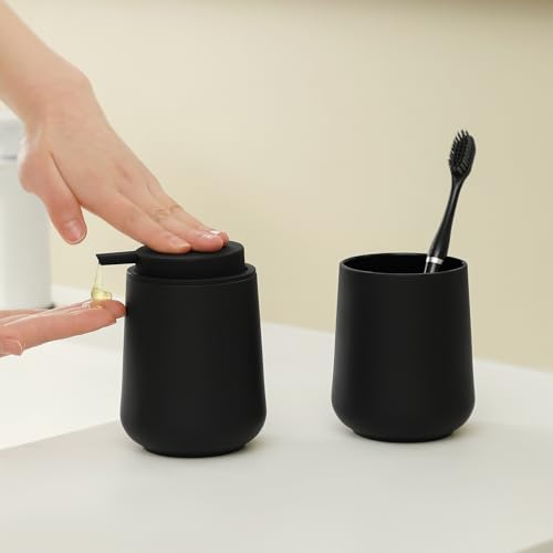 YAUKPH Matte Black Bathroom Accessories 2 Piece Set Plastic Soap Dispenser and Toothbrush Holder for Modern Bathroom Decor - color: Matte Black