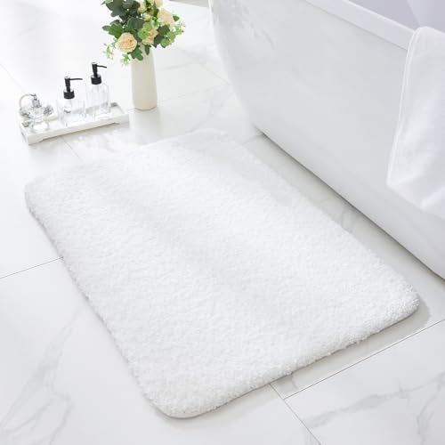 Small Bath Rugs White 17x24 Fluffy Non-Slip Bath Mat for Tub Washable Plush Bathroom Floor Mat Luxury Shag Absorbent Bath Rug for Shower Soft Bathroom Sink Mat