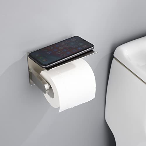 Self Adhesive Toilet Paper Holder with Phone Shelf Stainless Steel Wall Mounted Toilet Paper Roll Holder - Rustproof and Bathroom Washroom Tissue Roll Holder with Storage Shelf-Gold - color: Gold