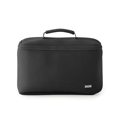 KUSSHI Neoprene Train Case Makeup Bag - Washable Makeup Travel Bag & Vanity Case for Stress Free Travel (Large, Black/Pink) - color: Black/Pink, size: Large