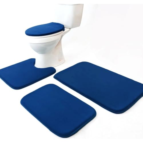 Madeals Memory Foam 4 Piece Bath Rugs Set with Toilet Lid Cover and Rug Set Combo, Bathroom Mat Sets 3 Piece and U-Shaped Toilet Floor Rug Navy Blue - color: Navy Blue, size: 20" x 32"/17" x 24"/Contour/Lid Cover