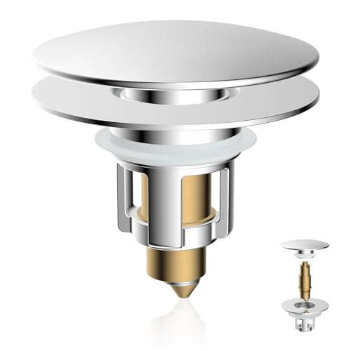 Universal Metal Bathroom Sink Stopper, Pop-Up Hair Catcher Strainer, Chrome | Large Cover Cap, Sink Drain Strainer with Detachable Double Filter, Drain Plug Fits 1.1"-2.36" US Basin, Brass Bounce Core - color: Chrome