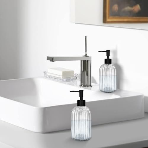 Pack of 2 Glass Soap Dispenser with Black Pump, 400 ml Refillable Pump Dispenser for Kitchen, Bathroom, Laundry Room, Liquid Glass Bottle for Washing Up Liquid, Shampoo, Conditioner (Clear) - color: White