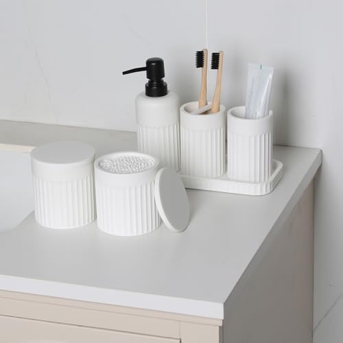 INIUNIK Bathroom Accessory Set - 6 Pieces Bathroom Accessories Set Complete with Soap Dispenser, Toothbrush Holders, Tumbler, Vanity Tray and 2 Qtip Holder for Home Organizer and Decor, White - color: White Sandy Stone