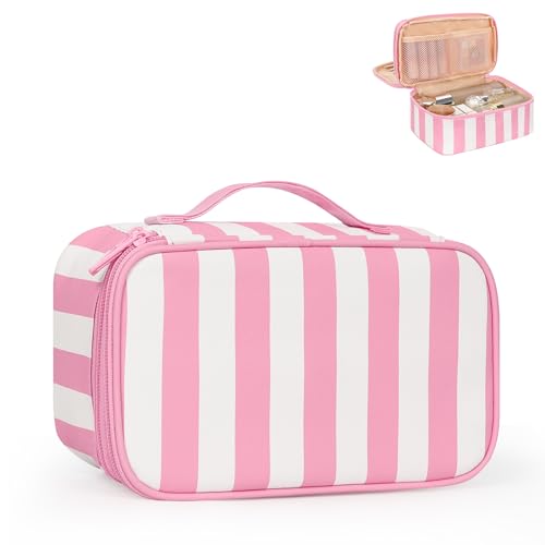 Relavel Travel Makeup Bag, Small Floral Cosmetic Bag with Makeup Brush Compartment, Portable Makeup Pouch for Women, Double Layer Makeup Organizer Bag Cute Toiletry Bag, Wide Strip - color: 01B-Wide Strip, size: MEDIUM