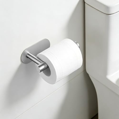 2 Packs Toilet Paper Holder No-Drill Self-Adhesive Towel Rack Stainless Steel Waterproof Rustproof Roll Paper Holder for Bathroom Washroom RVs (Brushed Silver) - color: Silver