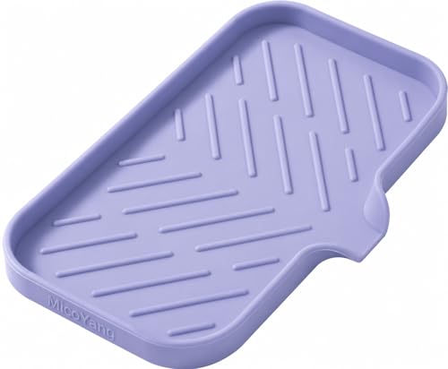 MicoYang Silicone Soap Dish with Drain Spout — Self-Draining Sink Organizer Tray for Bathroom & Kitchen, Sponges, Dispensers & Soap Holder, Non-Slip & Dishwasher Safe, Light Purple (Medium, 9.6"×5.3") - color: Light Purple, size: M(9.6"×5.3")
