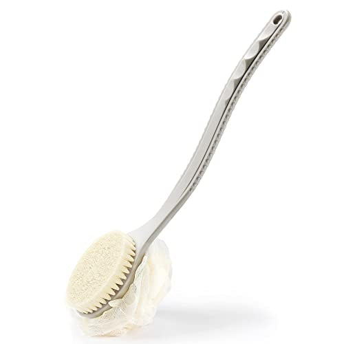 Shower Body Brush with Bristles and Loofah,Back Scrubber Bath Mesh Sponge with Curved Long Handle for Skin Exfoliating Bath, Massage Bristles Suitable for Wet or Dry, Men and Women (Grey) - color: Grey